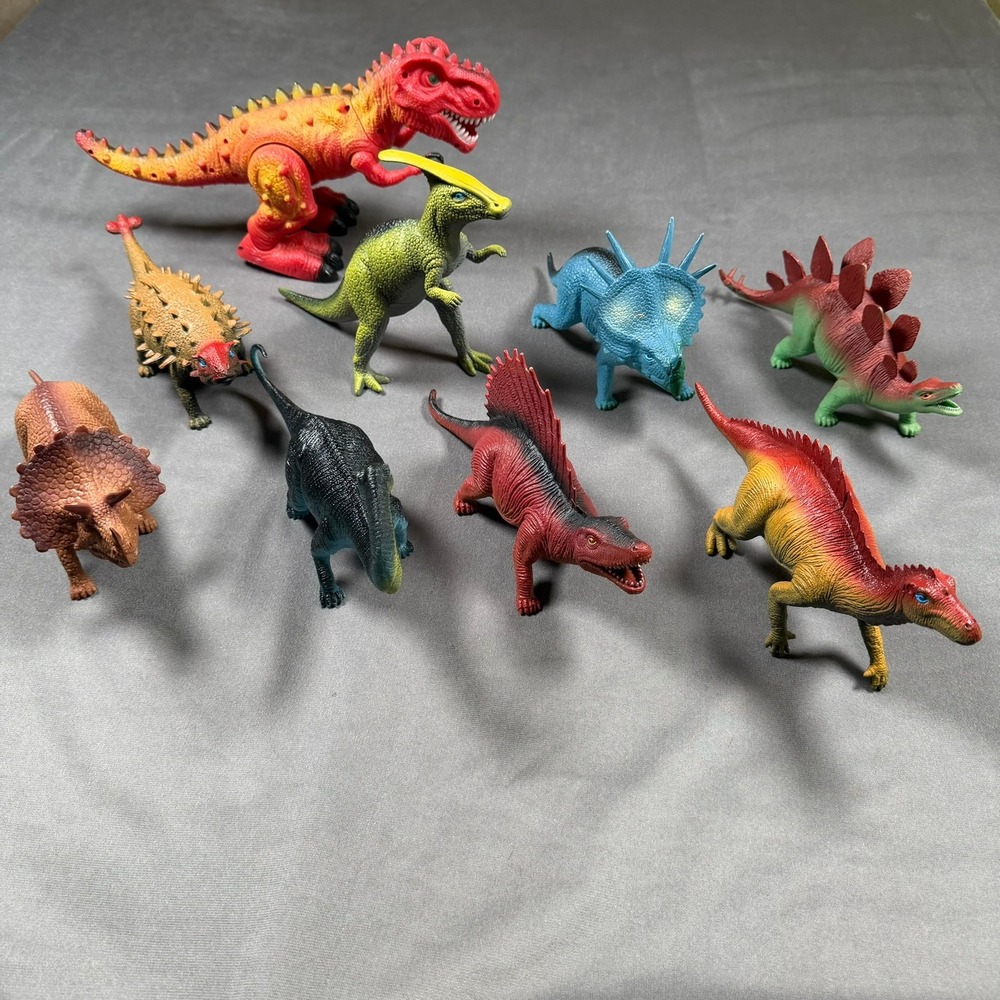 Dinosaur Action Figure Set Kids Multicolor 9pc Walking T-Rex Toy Lot Large Red